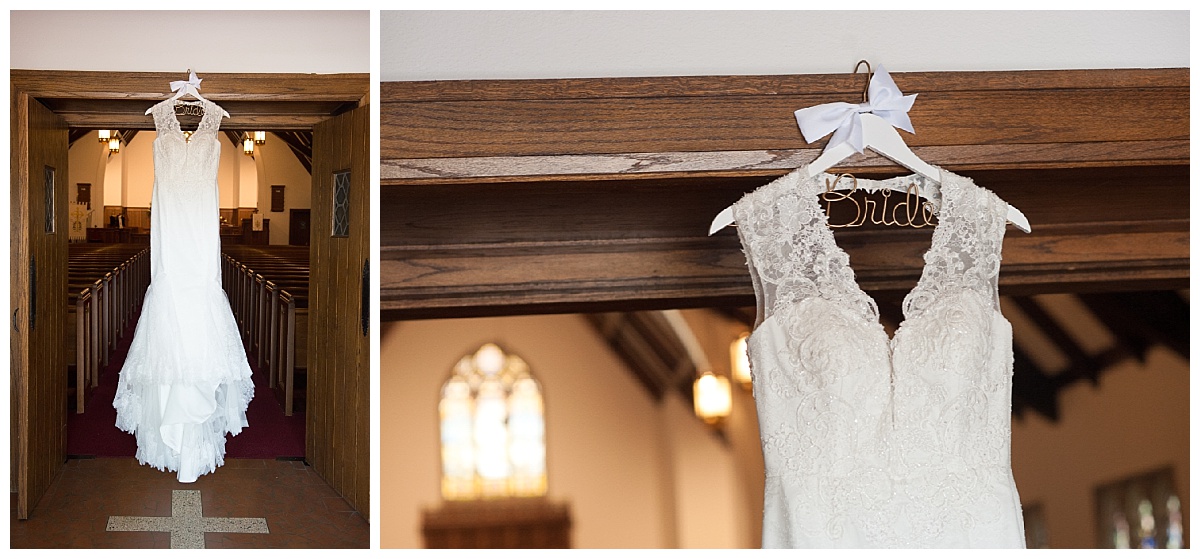 Lacy dress and bridal hanger in church