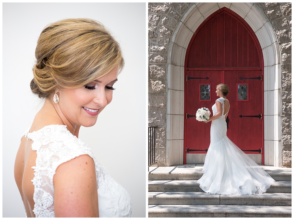 lacy dress details and bride at church door