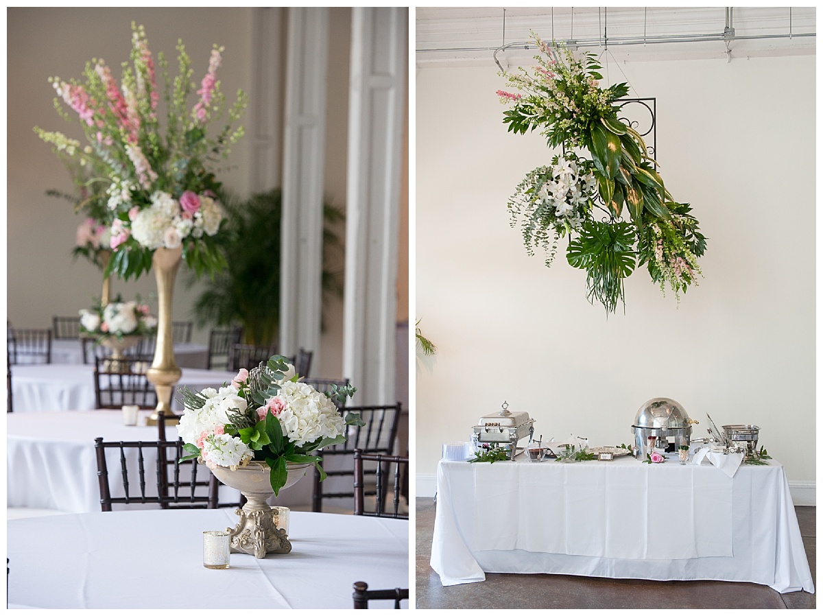 hanging floral arrangement and table centerpieces by american floral