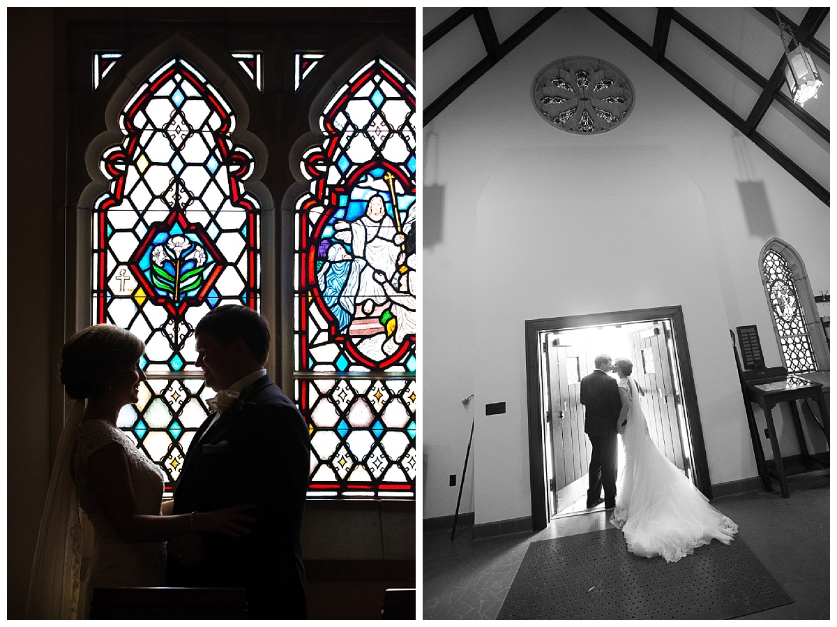 Church portraits of wedding couple by stained glass