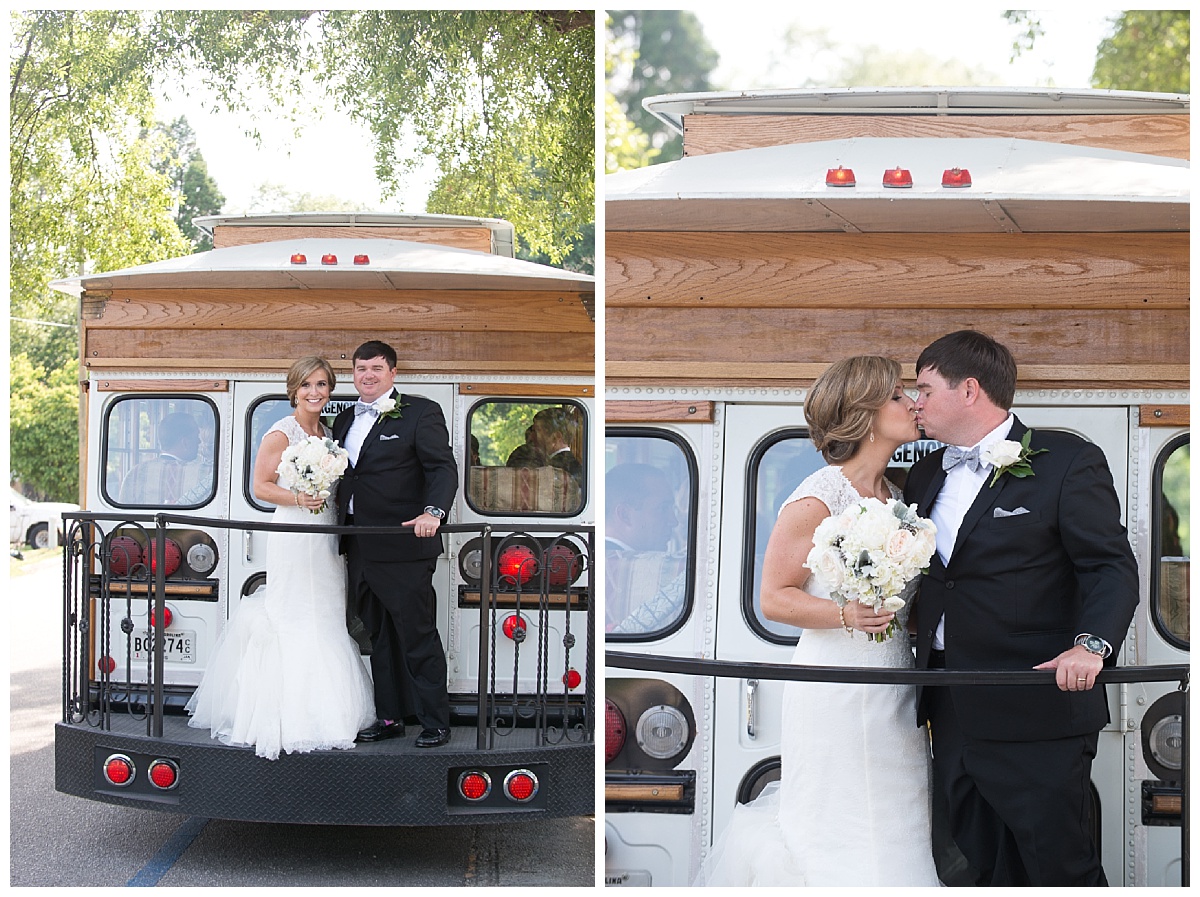 wedding party on trolley with captain telegram