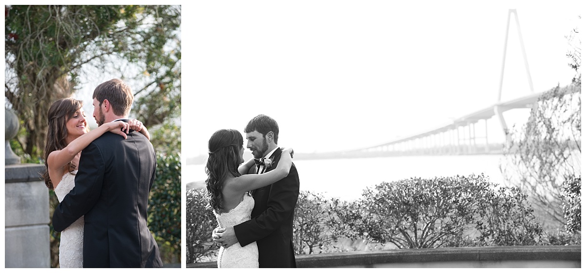 Charleston wedding first look by Ravenel bridge