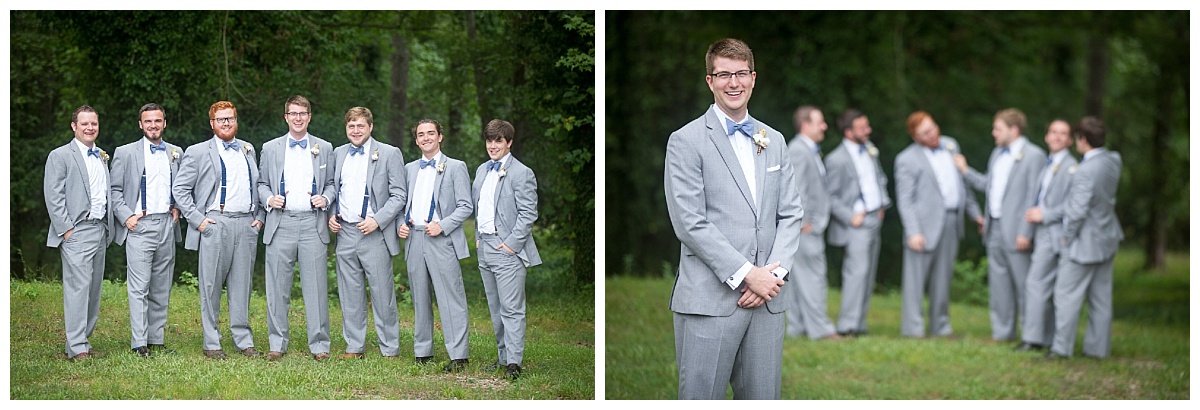 Groomsmen in grey suits with suspenders and bowties