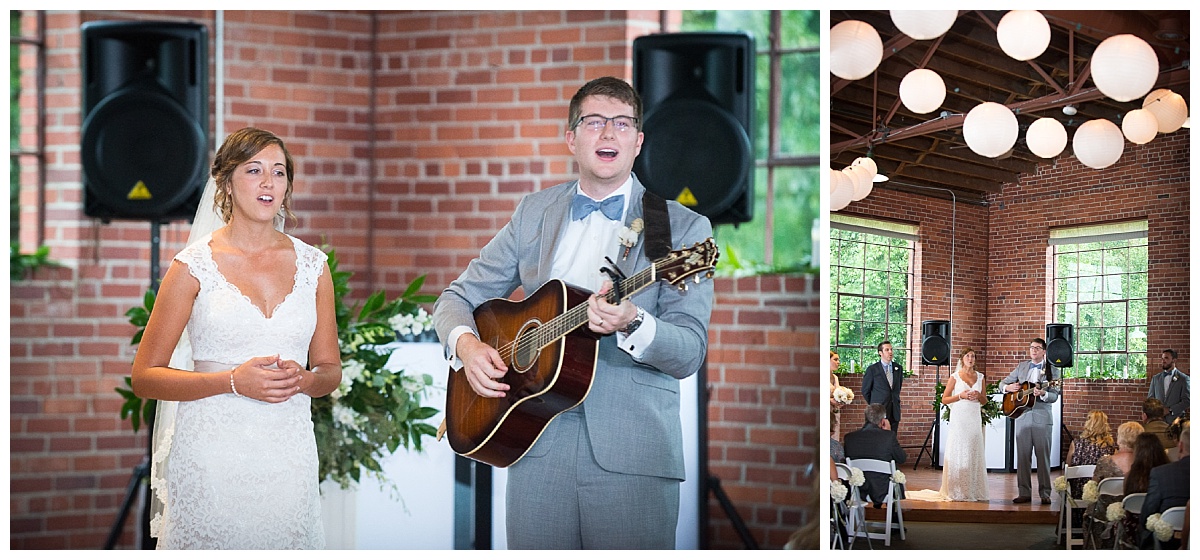 Bride and groom singing at wedding ceremony