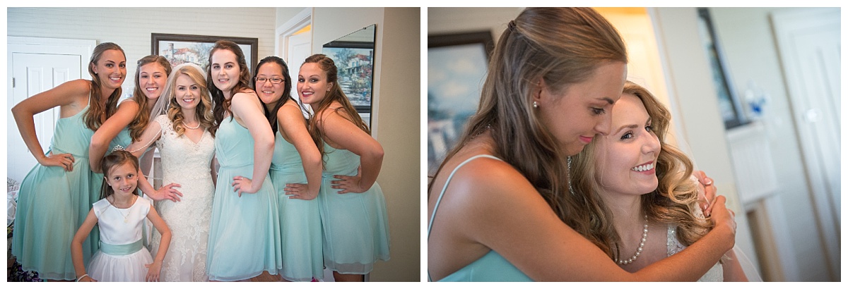 Bridesmaids in teal dresses