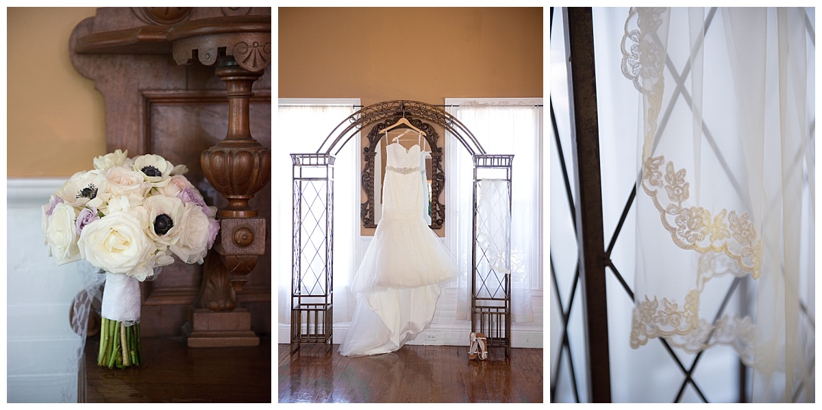 Dress, bouquet and lacy veil at the river road and jasmine house