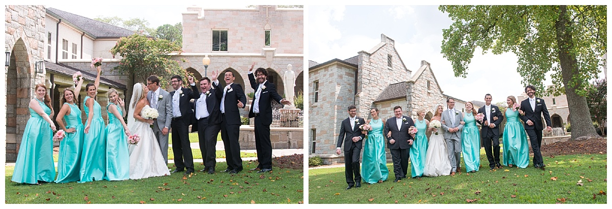 bridal party in teal in the church courtyard