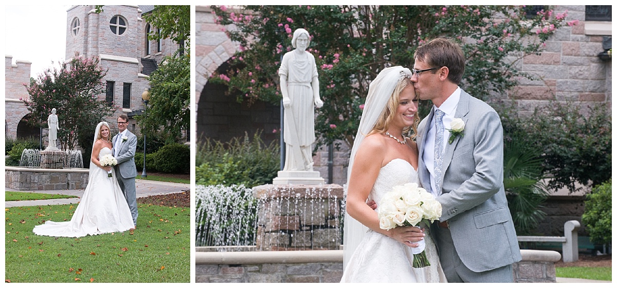 Bride and groom by stone church