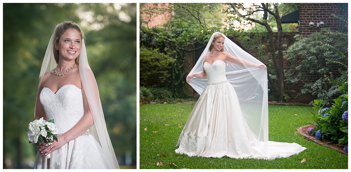 usc horseshoe bridal portrait with long veil and lacy gown