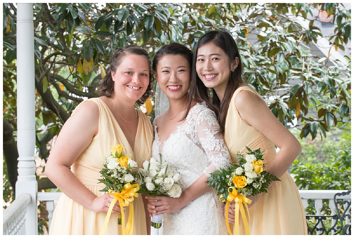 Bridesmaids in pale yellow dresses