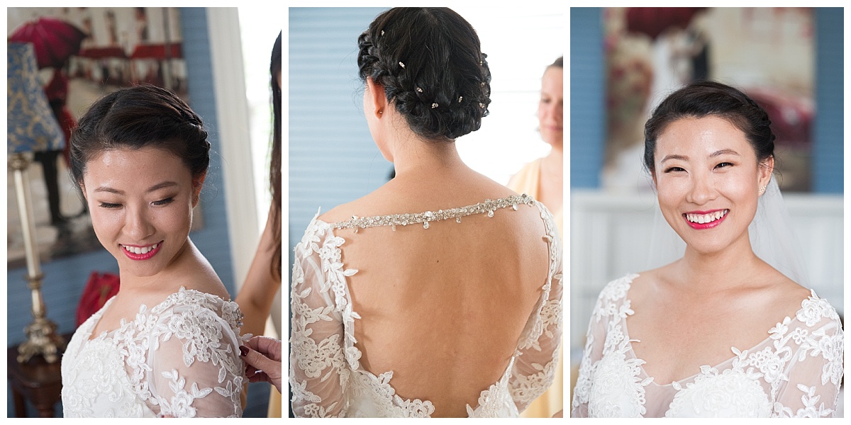 Lacy wedding dress with open back on Asian bride 