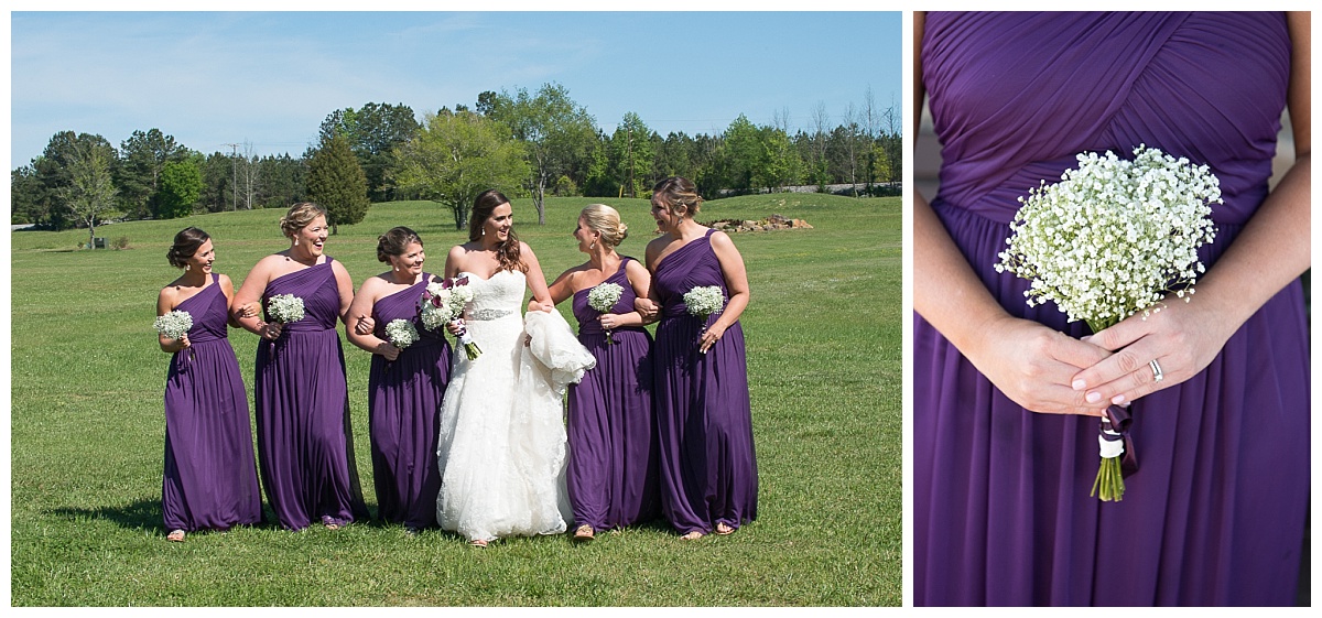 Bridesmaids in a farm feild with baby's breath bouquet