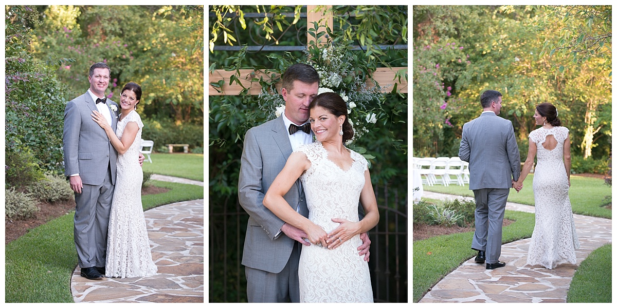 bride and groom portraits walking through the garden