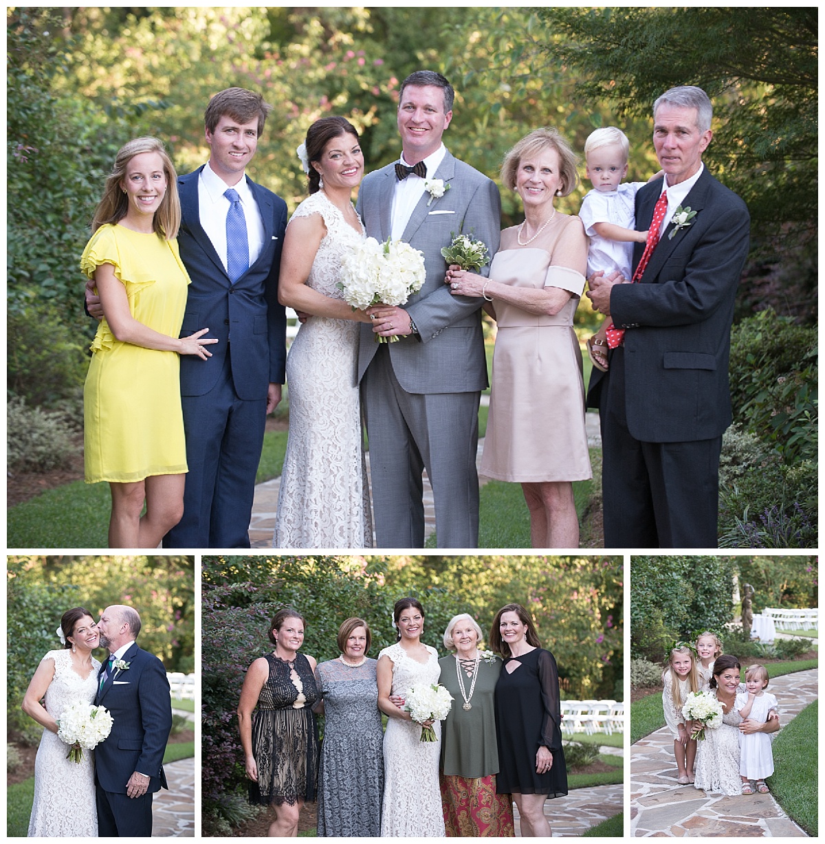 Family portraits at wedding at Senates End