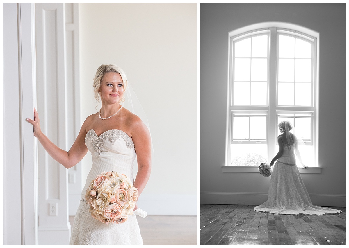 bridal portrait in front of large windows at 701 Whaley