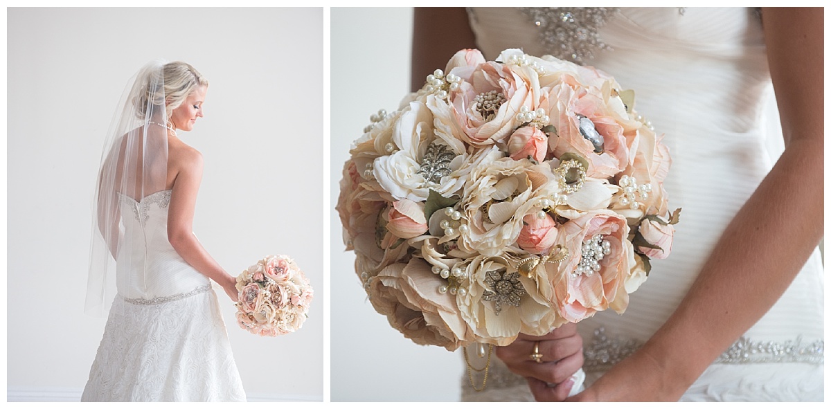 brooch bouquet in bridal portrait