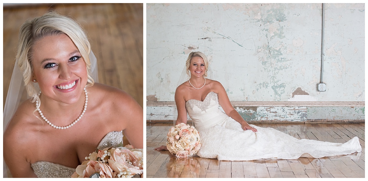 Bridal portrait on wood floor at Olympia Room 701 whaley