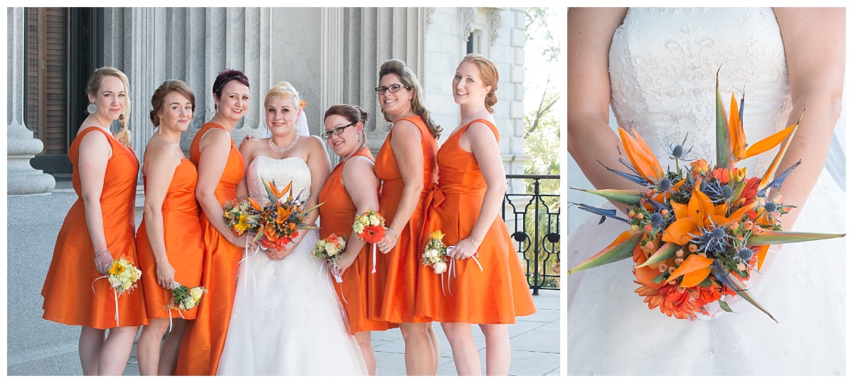 Orange bridesmaids gowns and birds of paradise bouquet