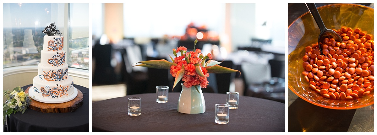 Orange wedding details - cake, candy, centerpeice