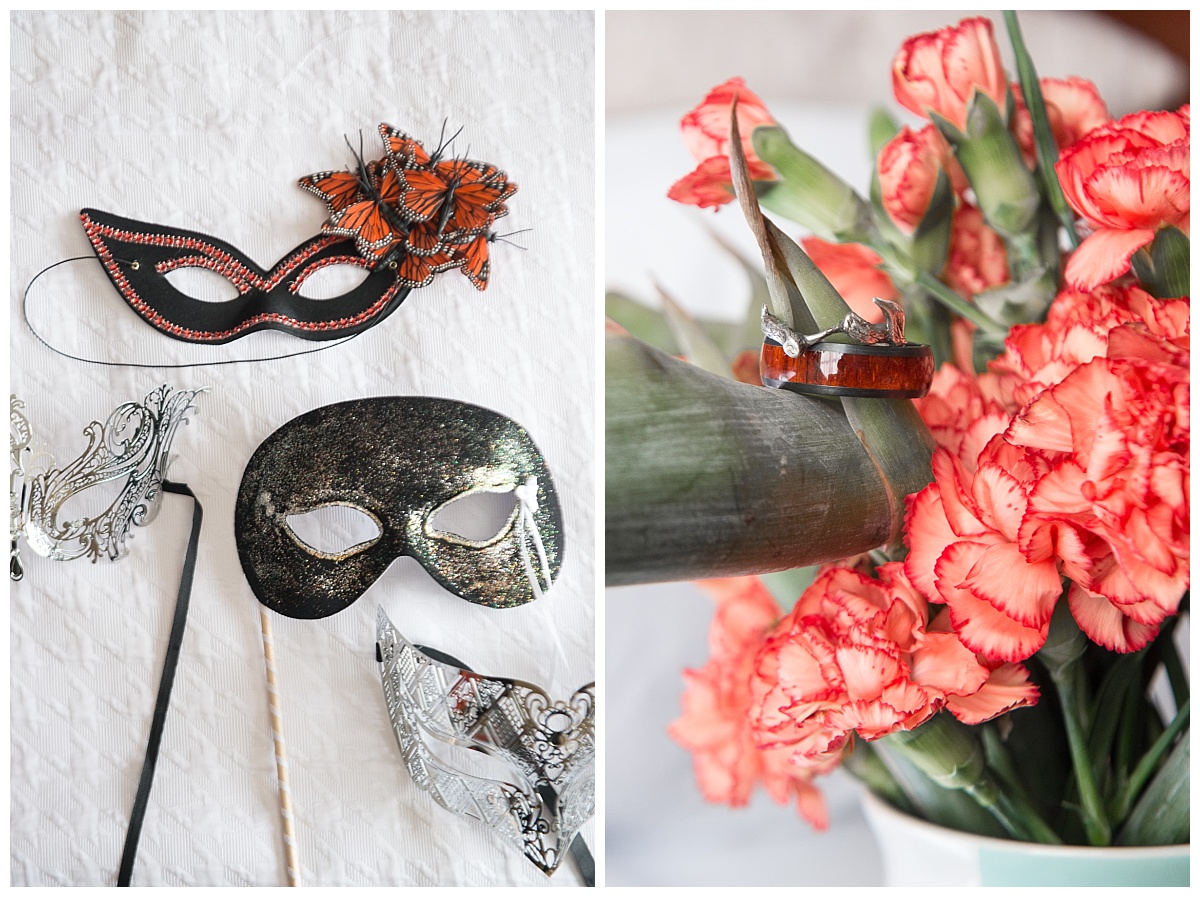 Masquarade Masks and wood wedding ring