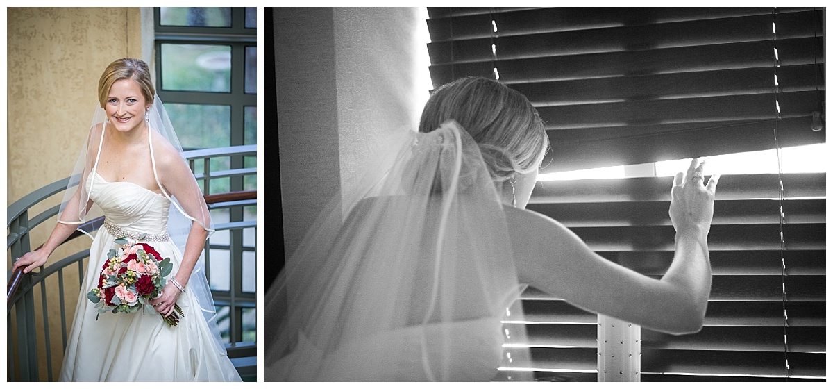 Bride peeking out the window of the church