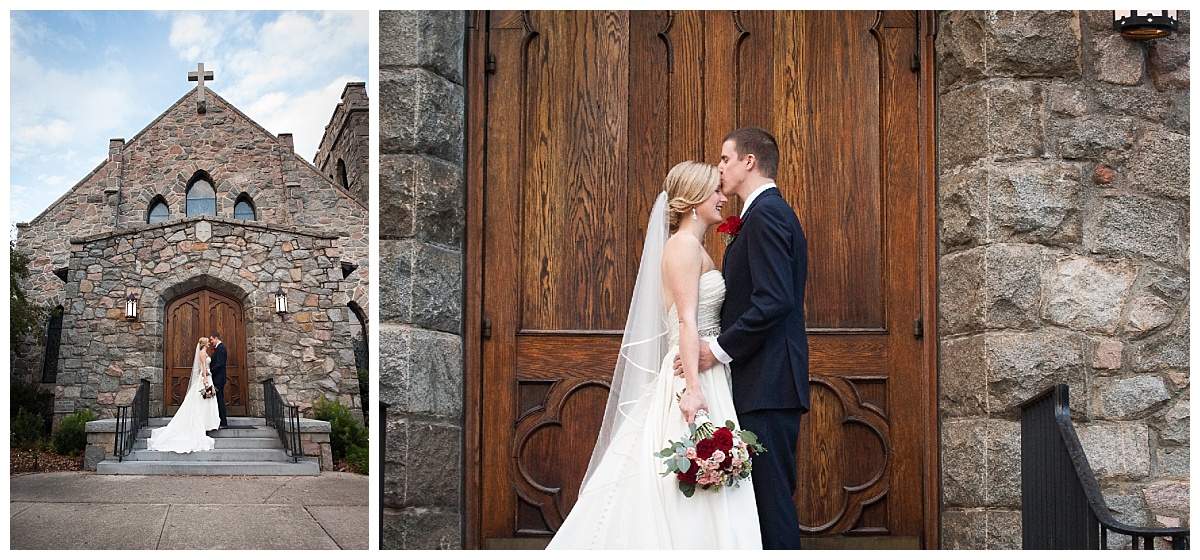 Bride and groom in front of church doors