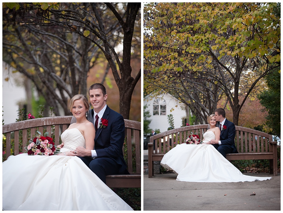 Seated bride and groom fall portrait