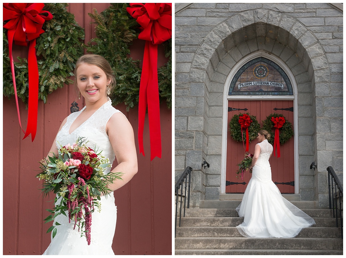 Bride in front of church with red doors
