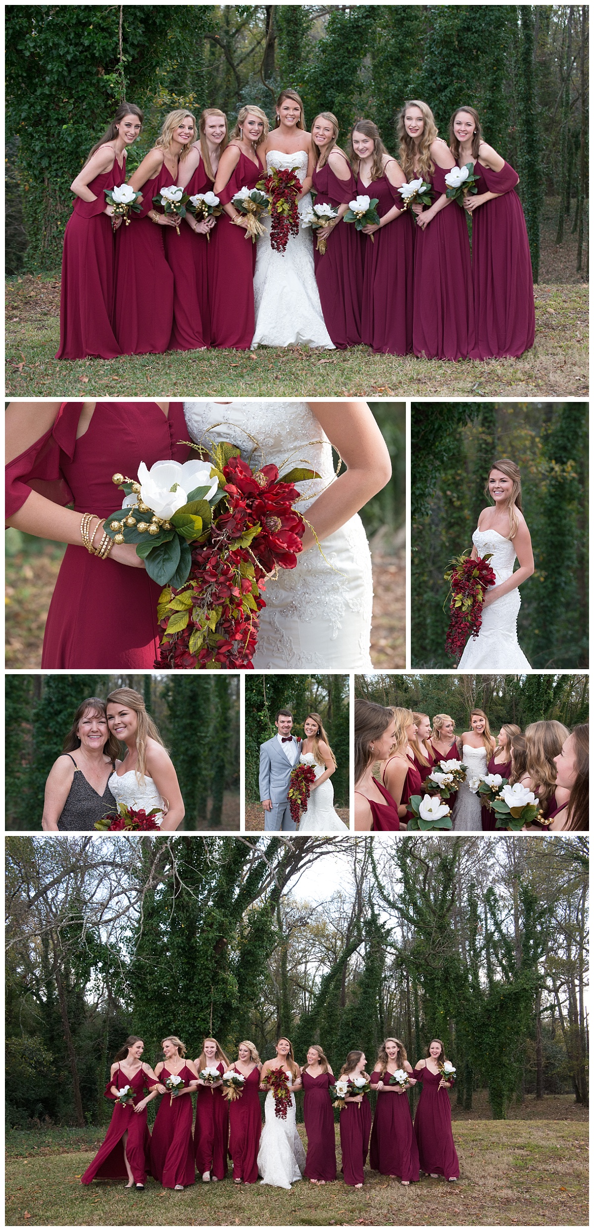 Red bridesmaid dresses with gold accents