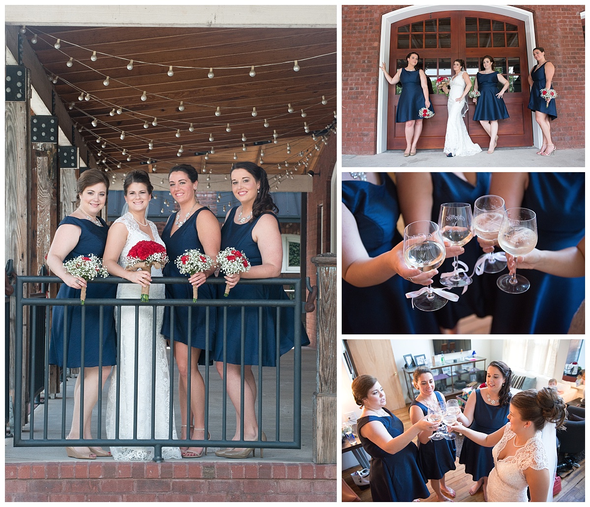 Bridesmaids in navy blue short dresses