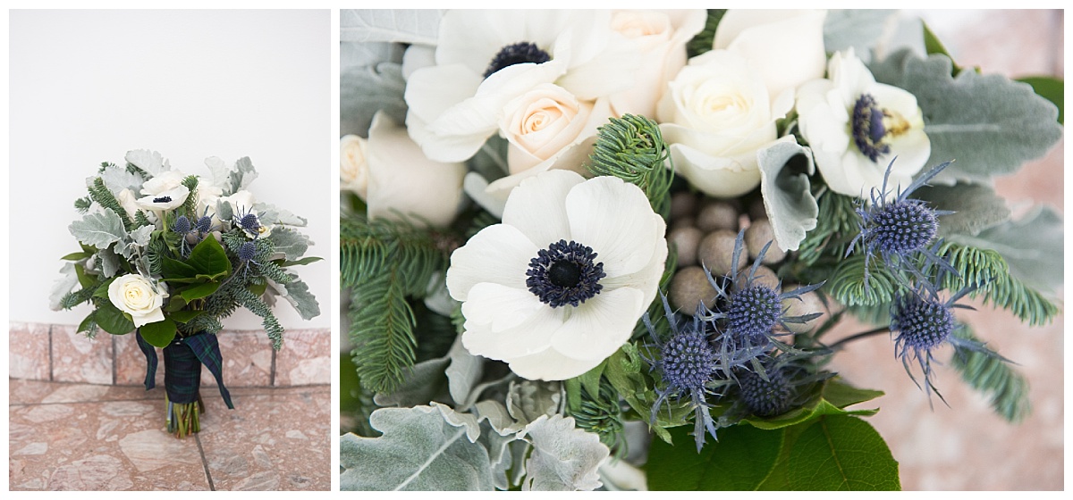 White house florist bouquet with blue accents