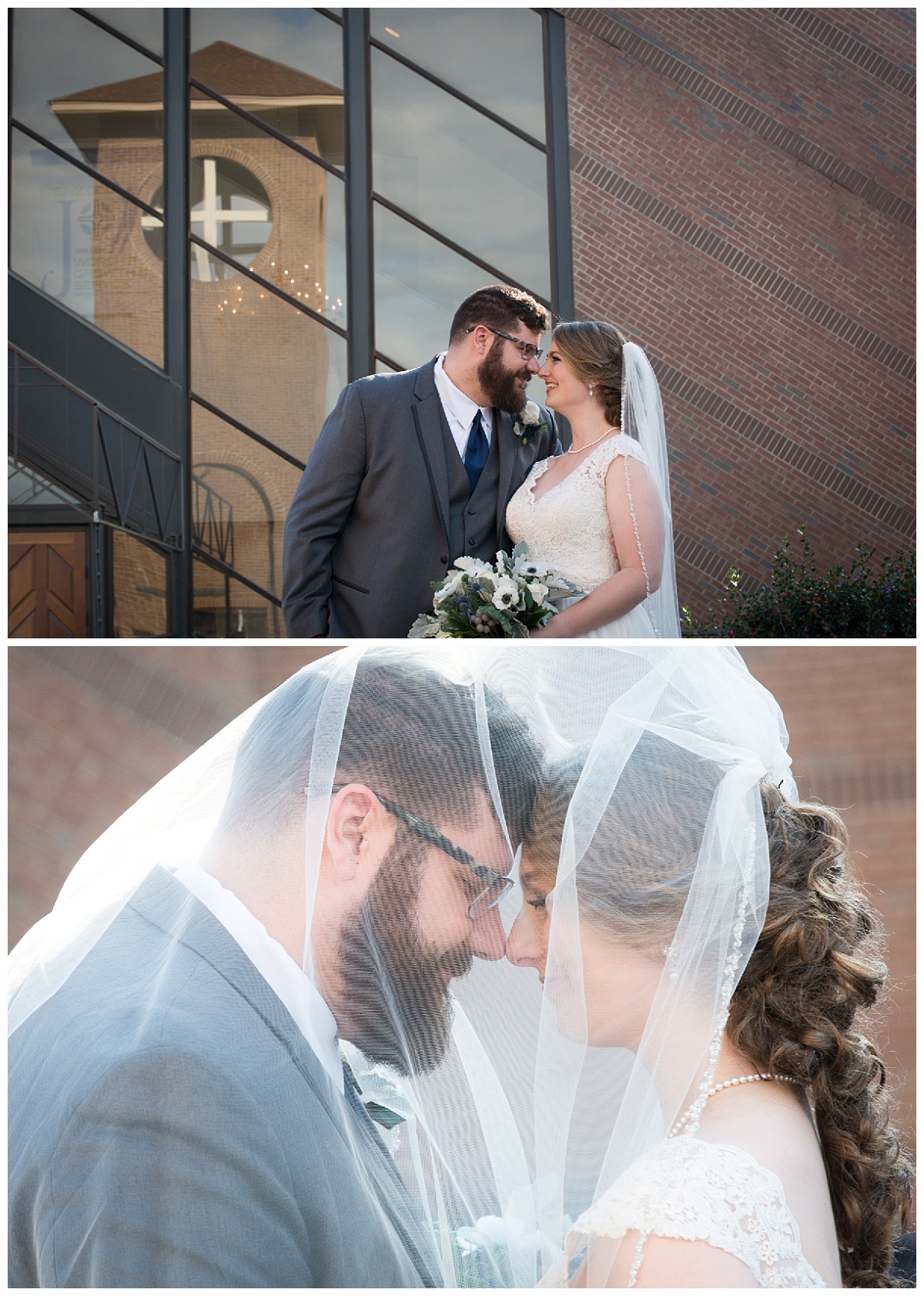 Church cross photo with bride and groom