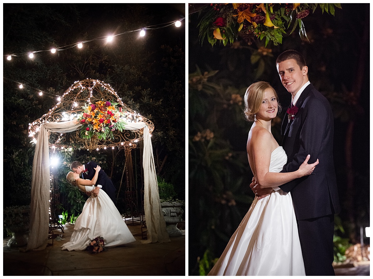 Romantic dip photo of wedding couple