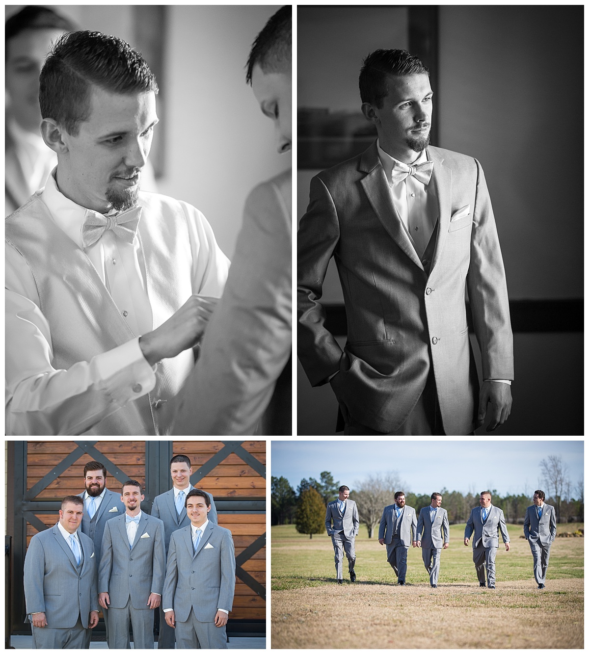 Groomsmen in grey suits at the Farm at Ridgeway