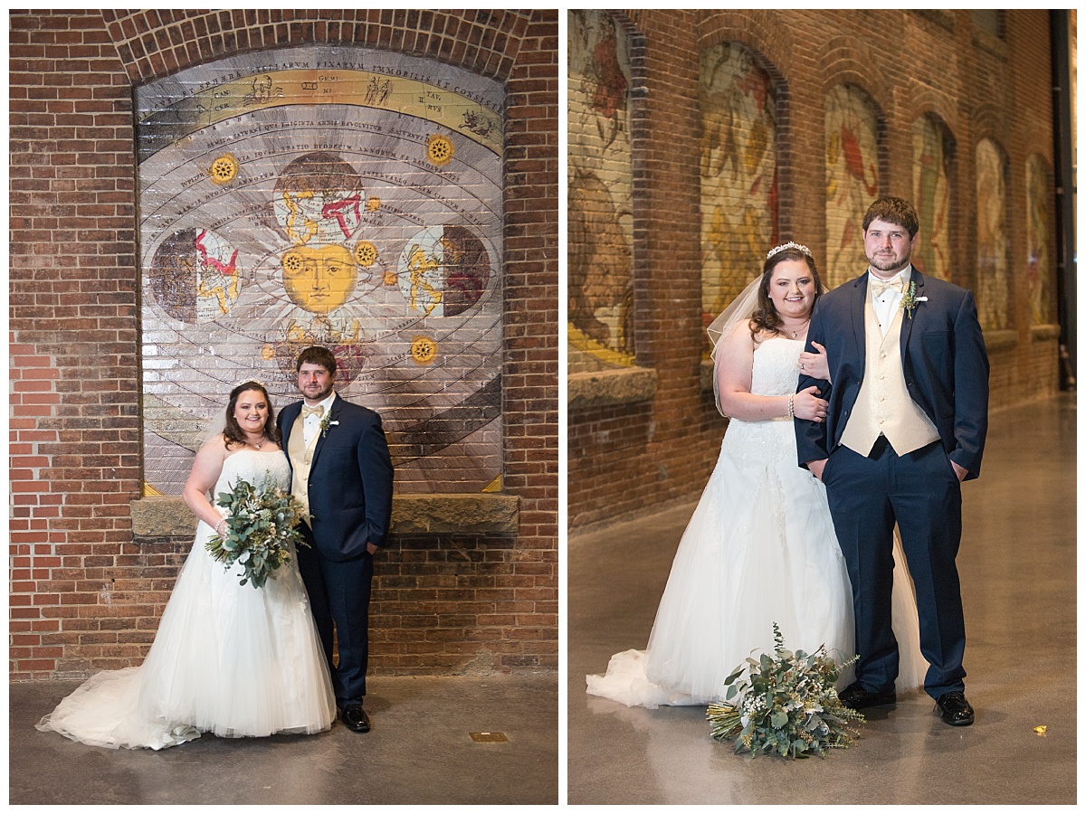 Brick wall bride and groom portrait
