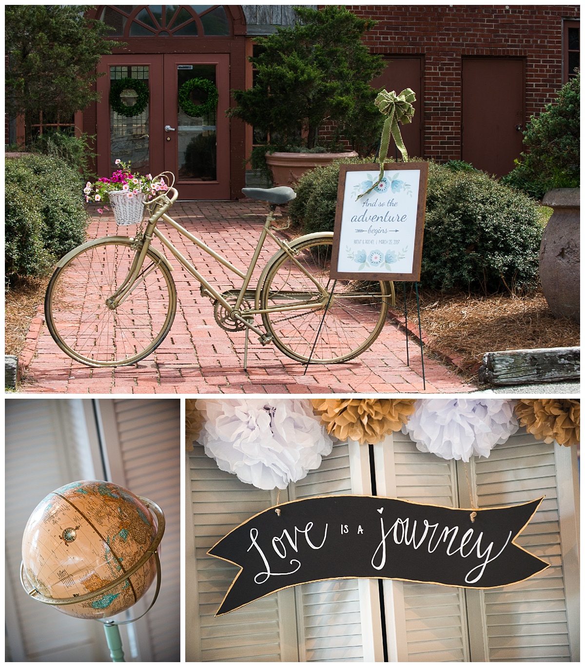 Travel themed wedding with antique bike and globes