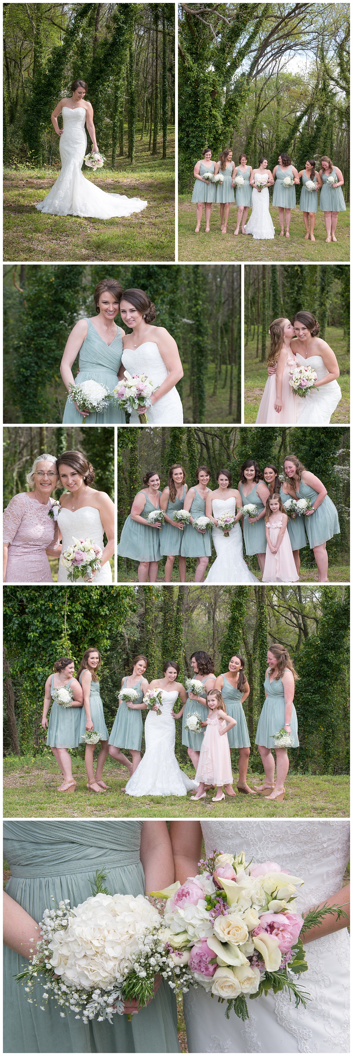 Bridesmaids in mint short dresses with white bouquets