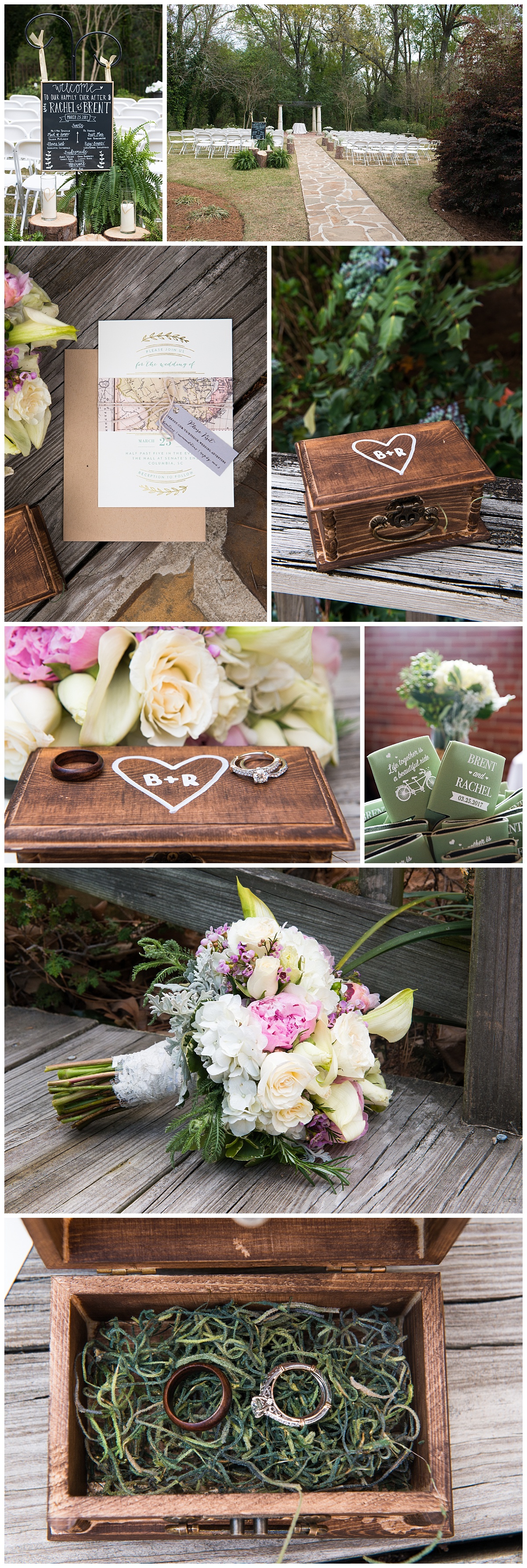 Travel wedding theme invitation and details at Senate's End with wooden ring box