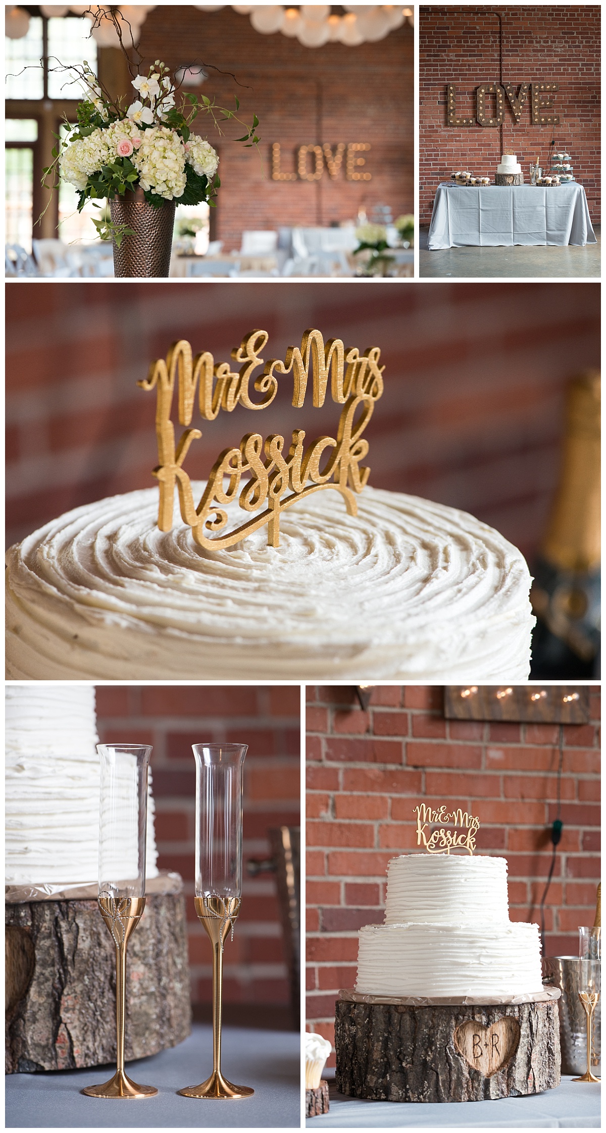 Rustic cake topper and gold champagne glasses