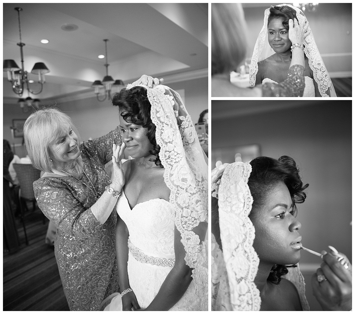 Bride getting ready in B&W