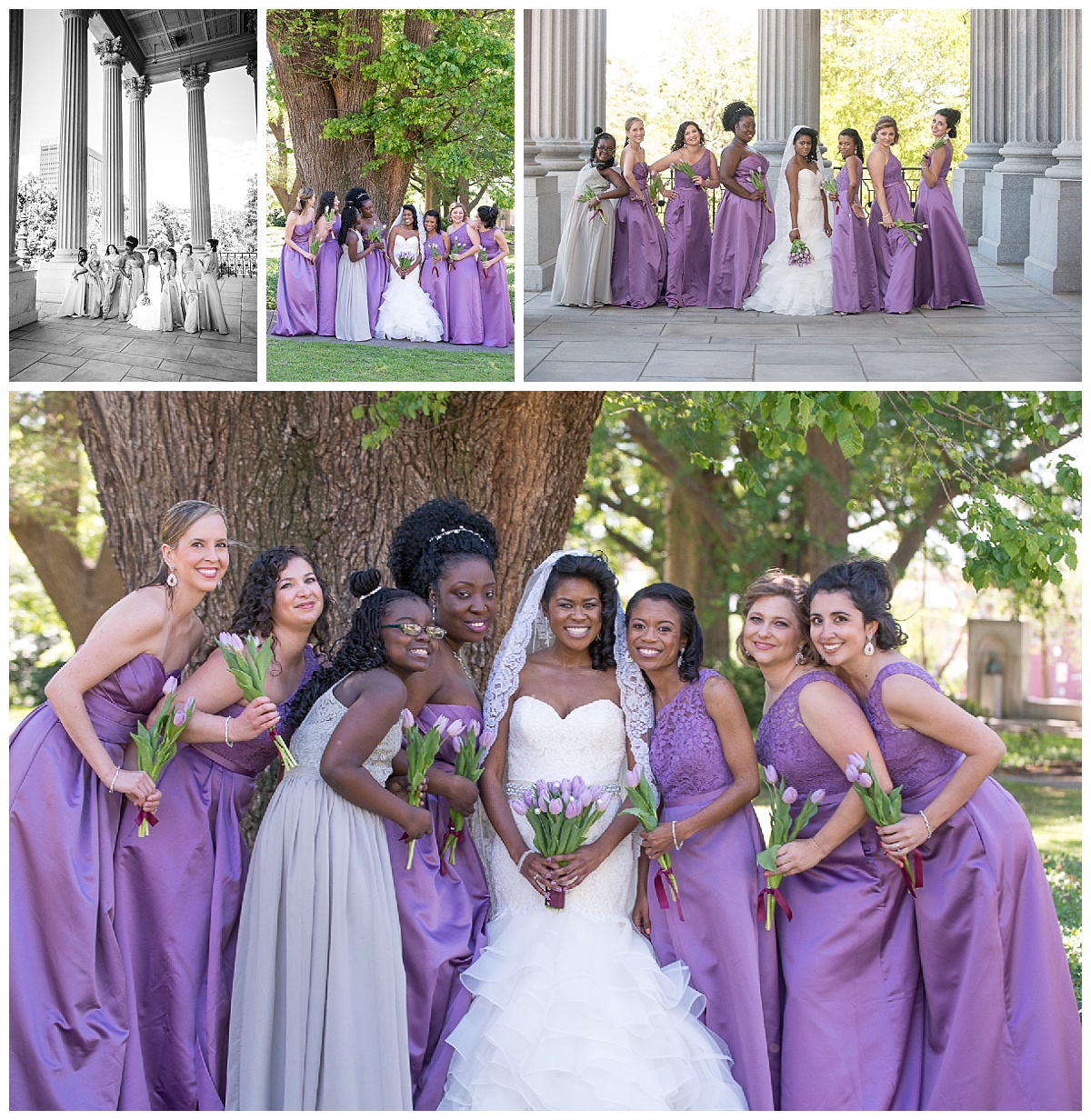 Bridesmaids with purple gowns on the SC state house grounds