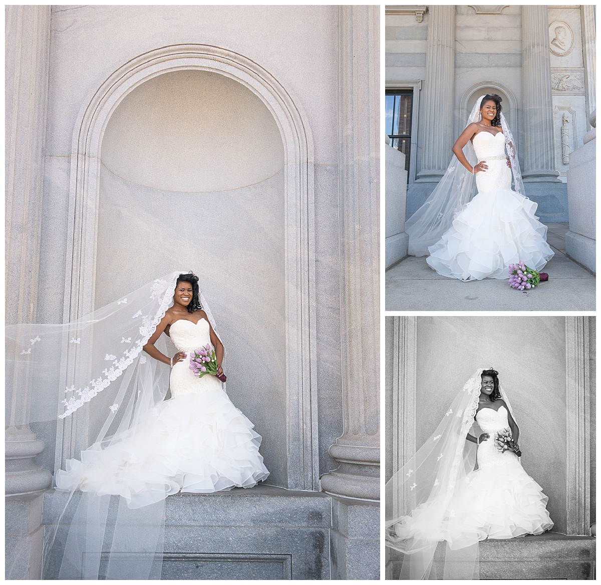 Bride in marble archway with long veil at SC state house