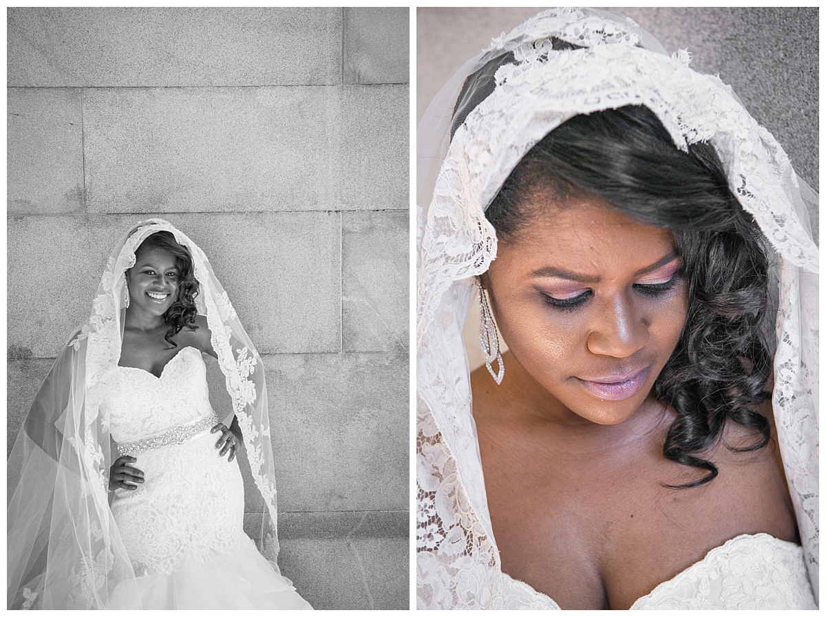 Bridal portrait against stone wall with lacy veil