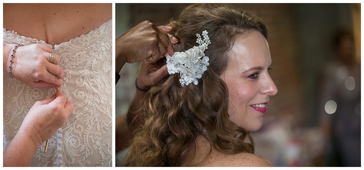 Bridal details, lacy button dress and hairpiece