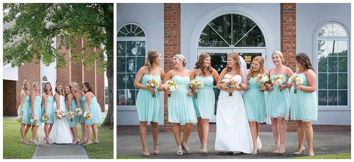 Bridesmaids in teal short dresses