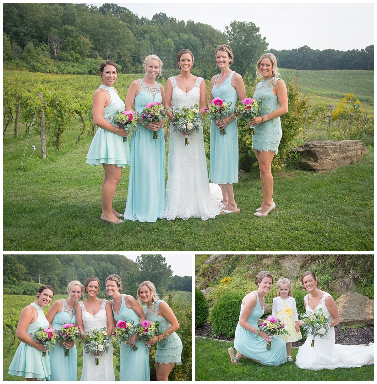 Bridesmaids in teal dresses