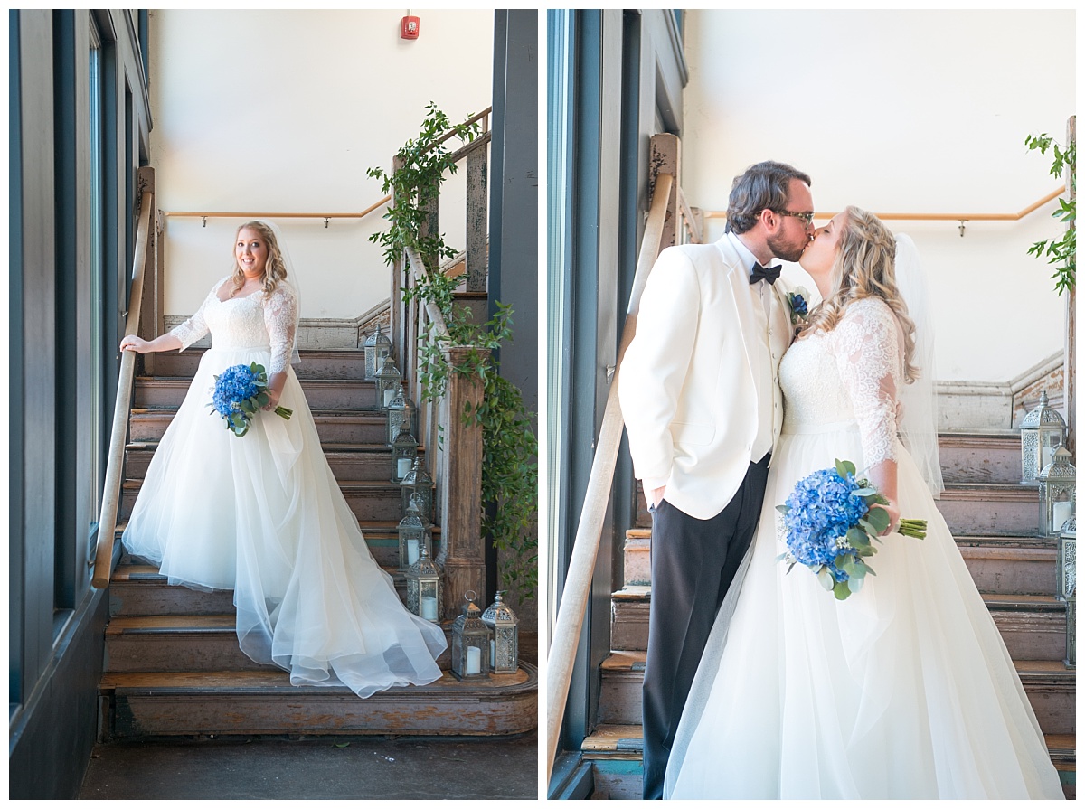 Bride and groom on stairs