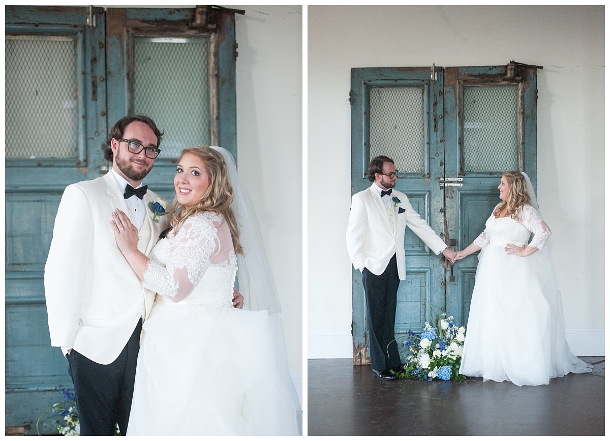wedding couple by blue door