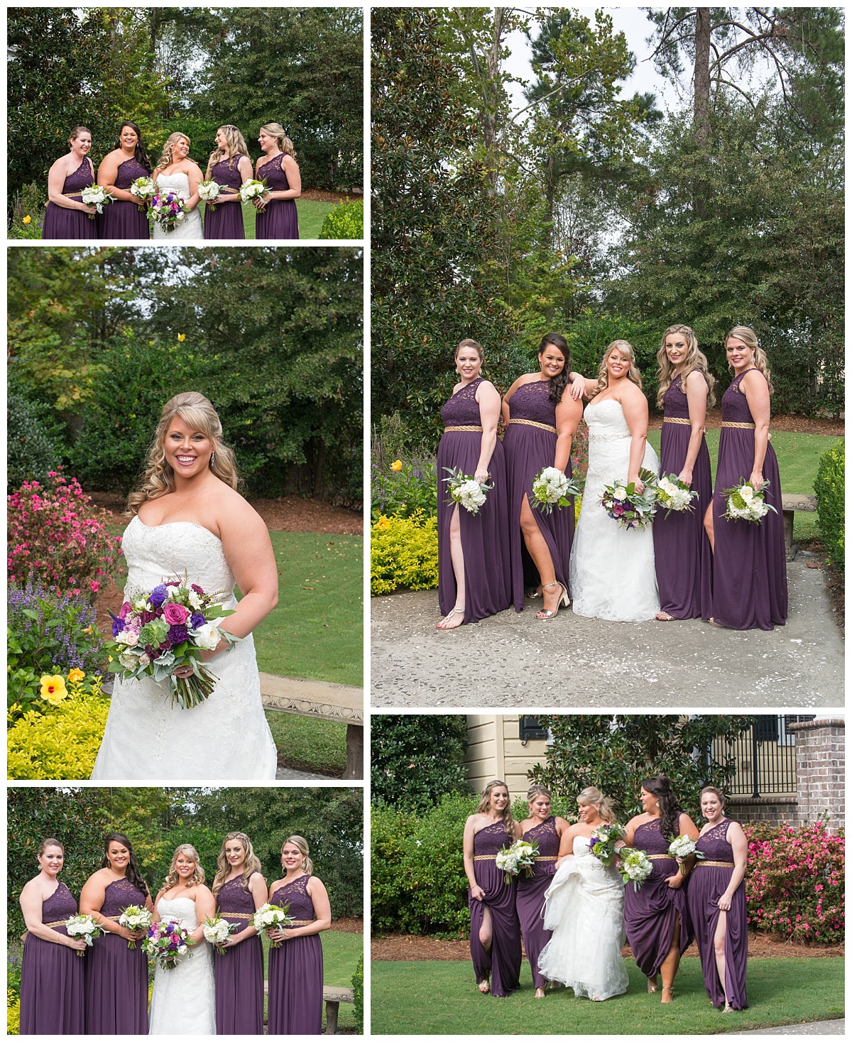 Purple and gold bridesmaid gowns