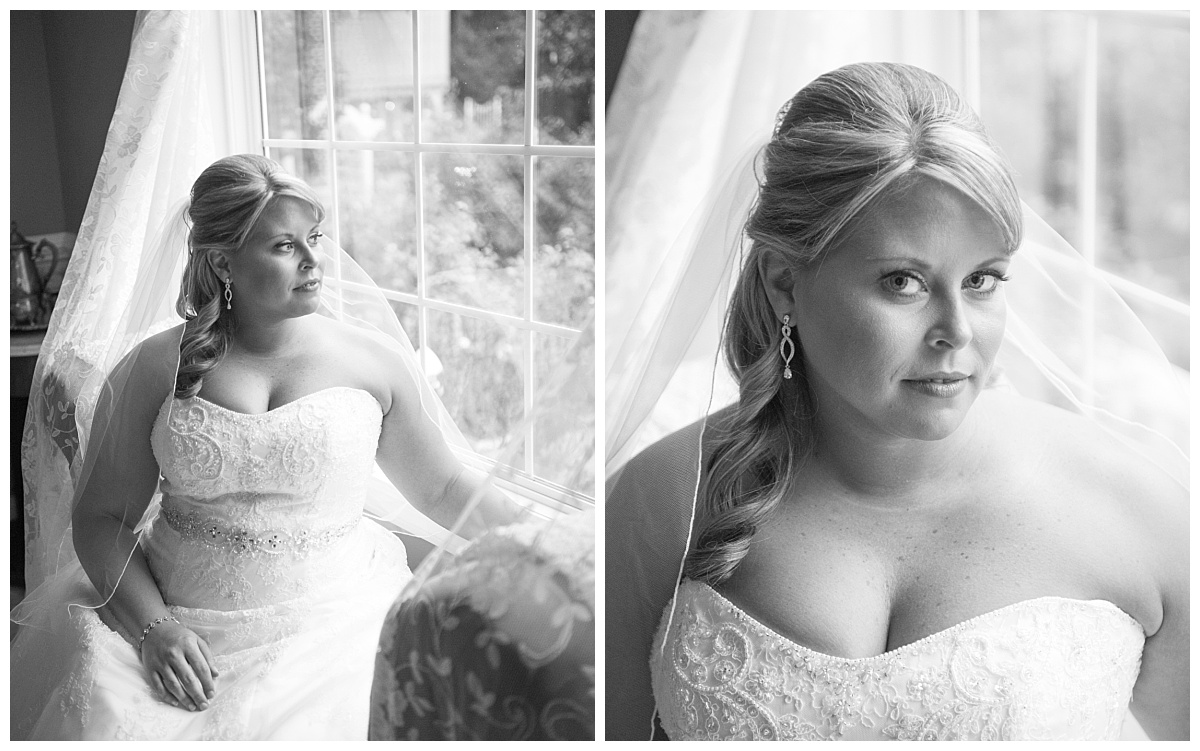 Black and white bridal portrait in the window